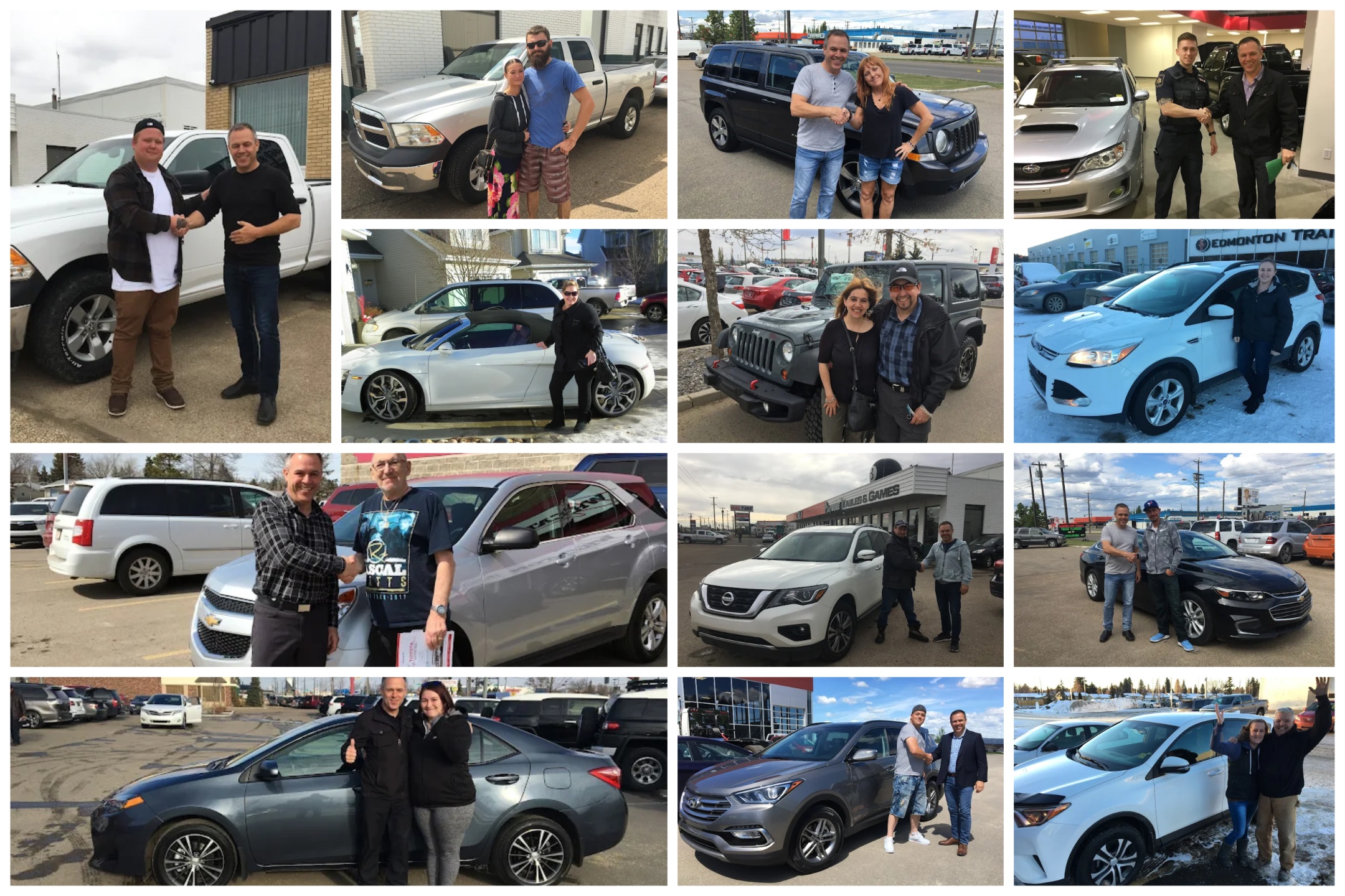 Happy customers with cars collage background
